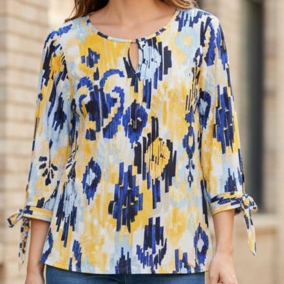 Ellen Tracy - NWT, Multi Colored Blouse, Gold Logo In Round Neck, 3/4 Sleeve W/ - Picture 1 of 11